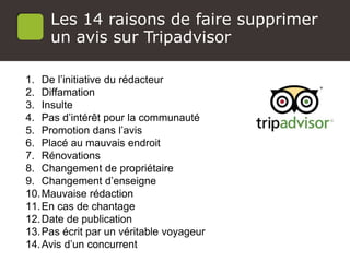 Atelier Google + localLes 14 raisons de faire supprimer
un avis sur Tripadvisor
1. De l’initiative du rédacteur
2. Diffamation
3. Insulte
4. Pas d’intérêt pour la communauté
5. Promotion dans l’avis
6. Placé au mauvais endroit
7. Rénovations
8. Changement de propriétaire
9. Changement d’enseigne
10.Mauvaise rédaction
11.En cas de chantage
12.Date de publication
13.Pas écrit par un véritable voyageur
14.Avis d’un concurrent
 