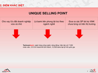 7
2. ĐIỂM KHÁC BIỆT
Cho vay Ưu đãi doanh nghiệp
vừa và nhỏ
Là bank tiên phong tài trợ theo
ngành nghề
Đưa ra các SP tài trợ XNK
chưa từng có trên thị trường
UNIQUE SELLING POINT
Techcombank_ngân hàng công nghệ, năng động, hiện đại với 7.290
nhân viên, 315 chi nhánh/44 tỉnh thành, 12.000 bank đại lý/140 quốc gia
 