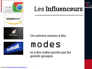 Un univers soumis à des
modes
et à des codes portés par les
grands groupes.
Sources: http://metiers.internet.gouv.fr
Les Influenceurs
 