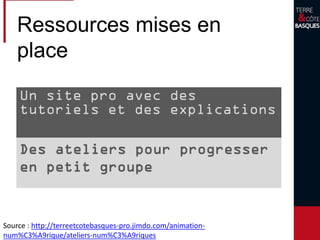 Un site pro avec des
tutoriels et des explications
Ressources mises en
place
Source : http://terreetcotebasques-pro.jimdo.com/animation-
num%C3%A9rique/ateliers-num%C3%A9riques
Des ateliers pour progresser
en petit groupe
 