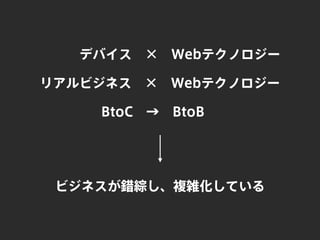 デバイス × Webテクノロジー
リアルビジネス × Webテクノロジー
BtoC → BtoB
ビジネスが錯綜し、複雑化している
 
