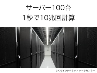 サーバー100台
1秒で10兆回計算
さくらインターネット データセンター
 