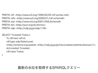 PREFIX rdf: <http://www.w3.org/1999/02/22-rdf-syntax-ns#>
PREFIX rdfs: <http://www.w3.org/2000/01/rdf-schema#>
PREFIX xsd: <http://www.w3.org/2001/XMLSchema#>
PREFIX dct: <http://purl.org/dc/terms/>
PREFIX odp: <http://odp.jig.jp/odp/1.0#>
SELECT ?created ?value {
?s rdf:next rdf:nil;
rdf:type odp:WaterLevel;
<http://schema.org/spatial> <http://odp.jig.jp/jp/fukui/sabae/waterlevelsensor/1>;
dct:created ?created;
rdf:value ?value.
}
最新の水位を取得するSPARQLクエリー
 
