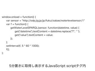 window.onload = function() {
var sensor = "http://odp.jig.jp/jp/fukui/sabae/waterlevelsensor/1"
var f = function() {
getWaterLevelSPARQL(sensor, function(datetime, value) {
get("datetime").textContent = datetime.replace("T", " ");
get("value").textContent = value;
});
};
setInterval(f, 5 * 60 * 1000);
f();
};
5分置きに取得し表示するJavaScript scriptタグ内
 