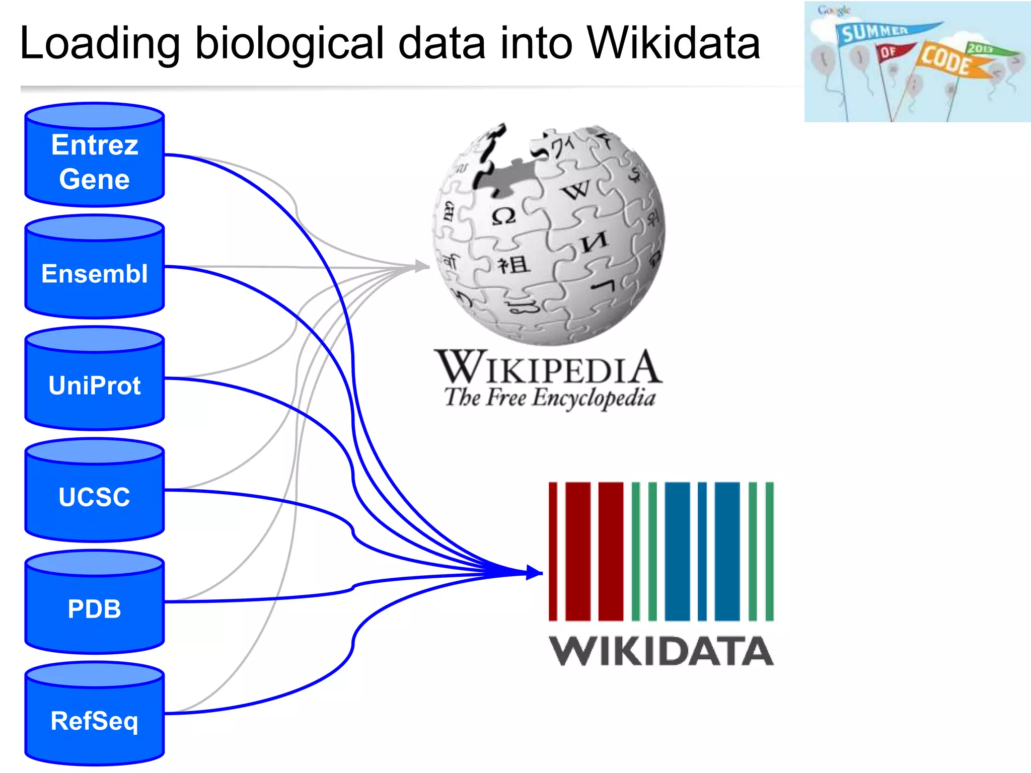 Loading biological data into Wikidata
30
Entrez
Gene
Ensembl
UniProt
UCSC
PDB
RefSeq
 