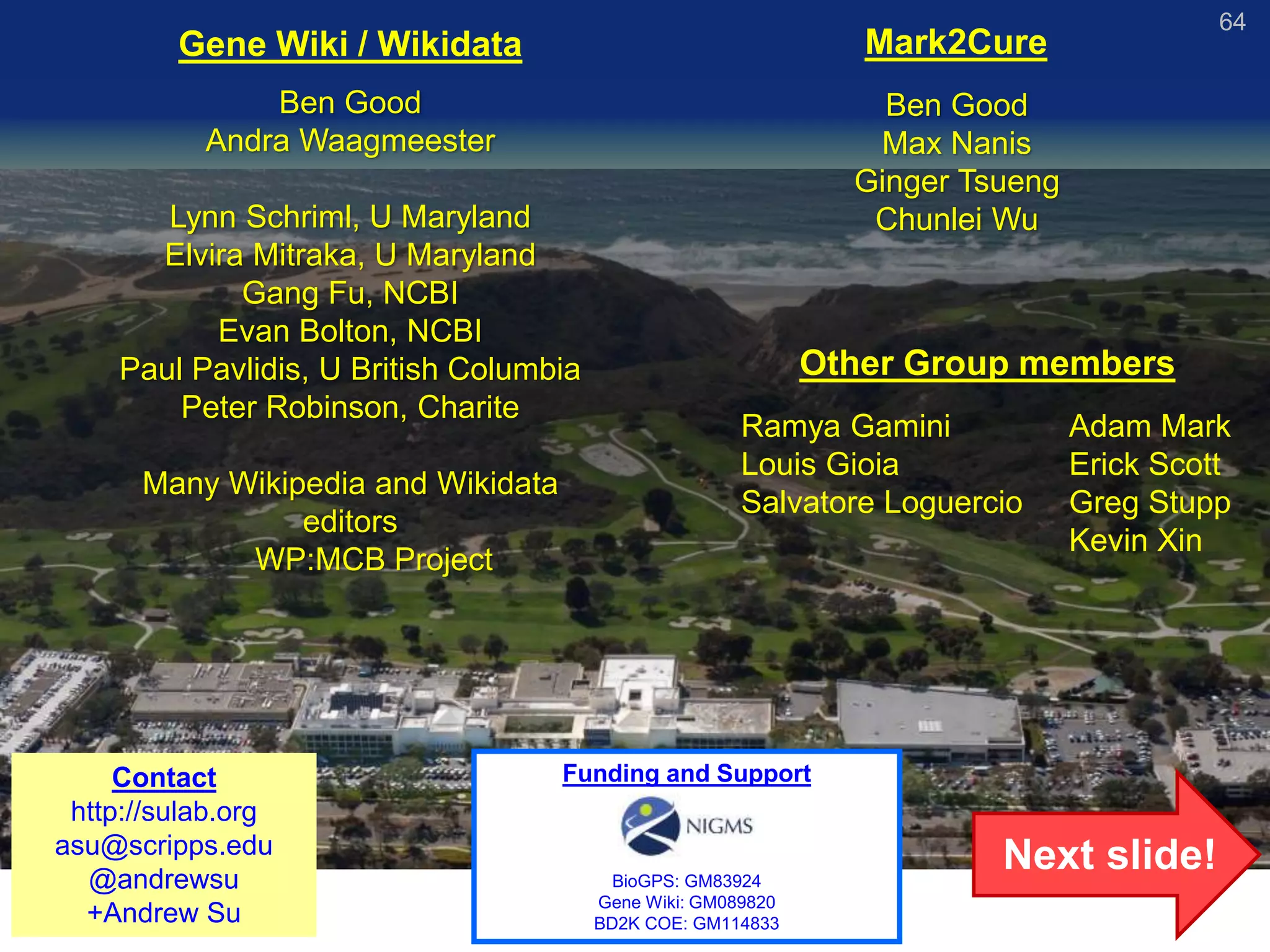 64
Ben Good
Andra Waagmeester
Lynn Schriml, U Maryland
Elvira Mitraka, U Maryland
Gang Fu, NCBI
Evan Bolton, NCBI
Paul Pavlidis, U British Columbia
Peter Robinson, Charite
Many Wikipedia and Wikidata
editors
WP:MCB Project
Gene Wiki / Wikidata
Ramya Gamini
Louis Gioia
Salvatore Loguercio
Adam Mark
Erick Scott
Greg Stupp
Kevin Xin
Other Group members
Funding and Support
BioGPS: GM83924
Gene Wiki: GM089820
BD2K COE: GM114833
Contact
http://sulab.org
asu@scripps.edu
@andrewsu
+Andrew Su
Mark2Cure
Ben Good
Max Nanis
Ginger Tsueng
Chunlei Wu
Next slide!
 