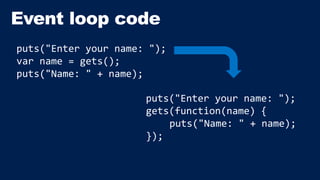 puts("Enter your name: ");
var name = gets();
puts("Name: " + name);
puts("Enter your name: ");
gets(function(name) {
puts("Name: " + name);
});
 