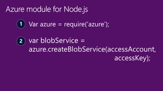 Var azure = require(‘azure’);
var blobService =
azure.createBlobService(accessAccount,
accessKey);
 