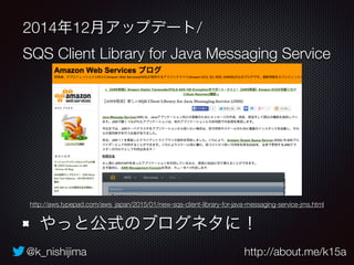 @k_nishijima http://about.me/k15a
2014年12月アップデート/
SQS Client Library for Java Messaging Service
やっと公式のブログネタに！
http://aws.typepad.com/aws_japan/2015/01/new-sqs-client-library-for-java-messaging-service-jms.html
 
