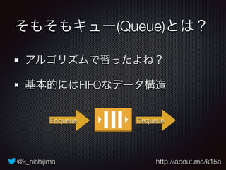 @k_nishijima http://about.me/k15a
そもそもキュー(Queue)とは？
アルゴリズムで習ったよね？
基本的にはFIFOなデータ構造
Enqueue Dequeue
 