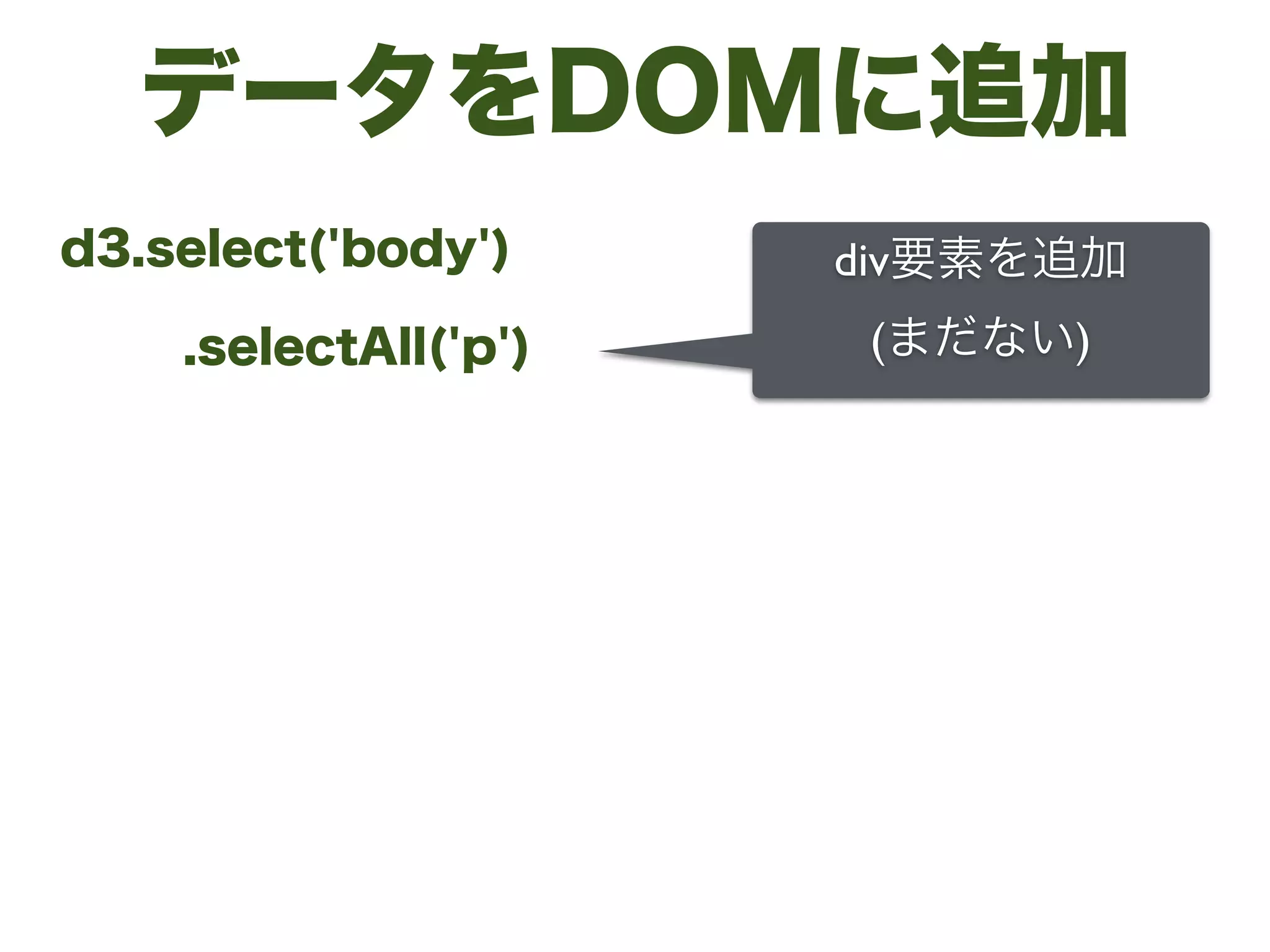 データをDOMに追加
d3.select('body')
.selectAll('p')
div要素を追加	

(まだない)
 