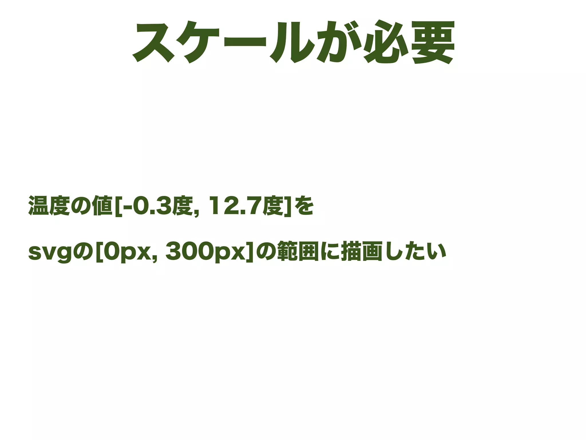 スケールが必要
温度の値[-0.3度, 12.7度]を
svgの[0px, 300px]の範囲に描画したい
 