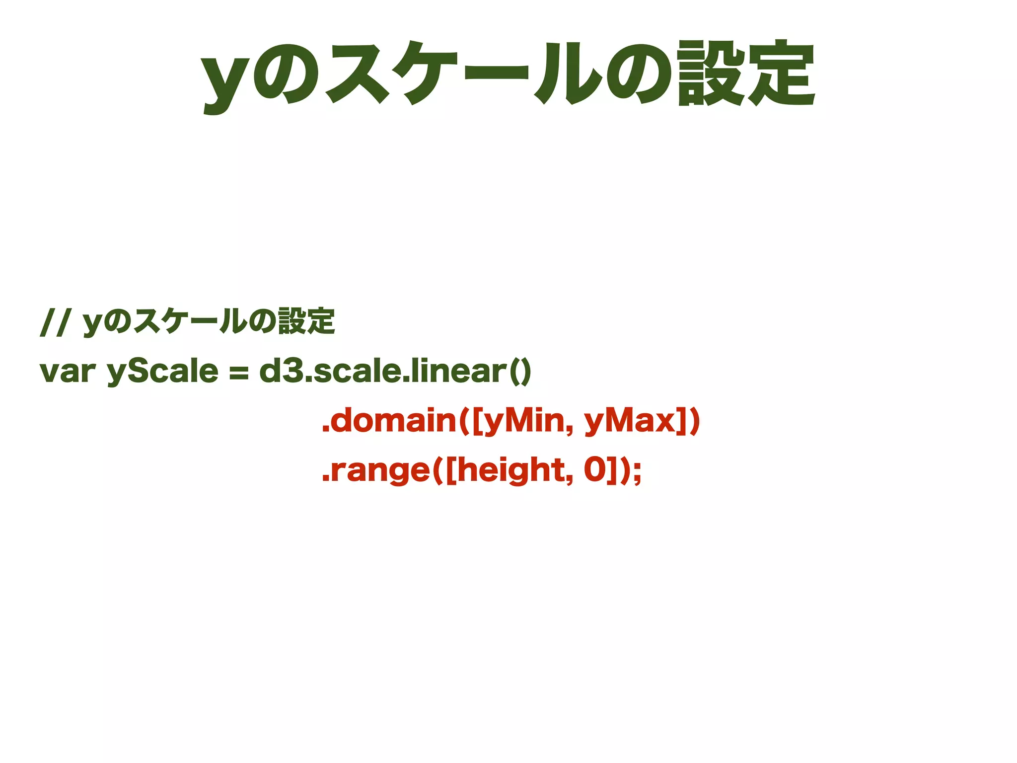 yのスケールの設定
// yのスケールの設定
var yScale = d3.scale.linear()
.domain([yMin, yMax])
.range([height, 0]);
 