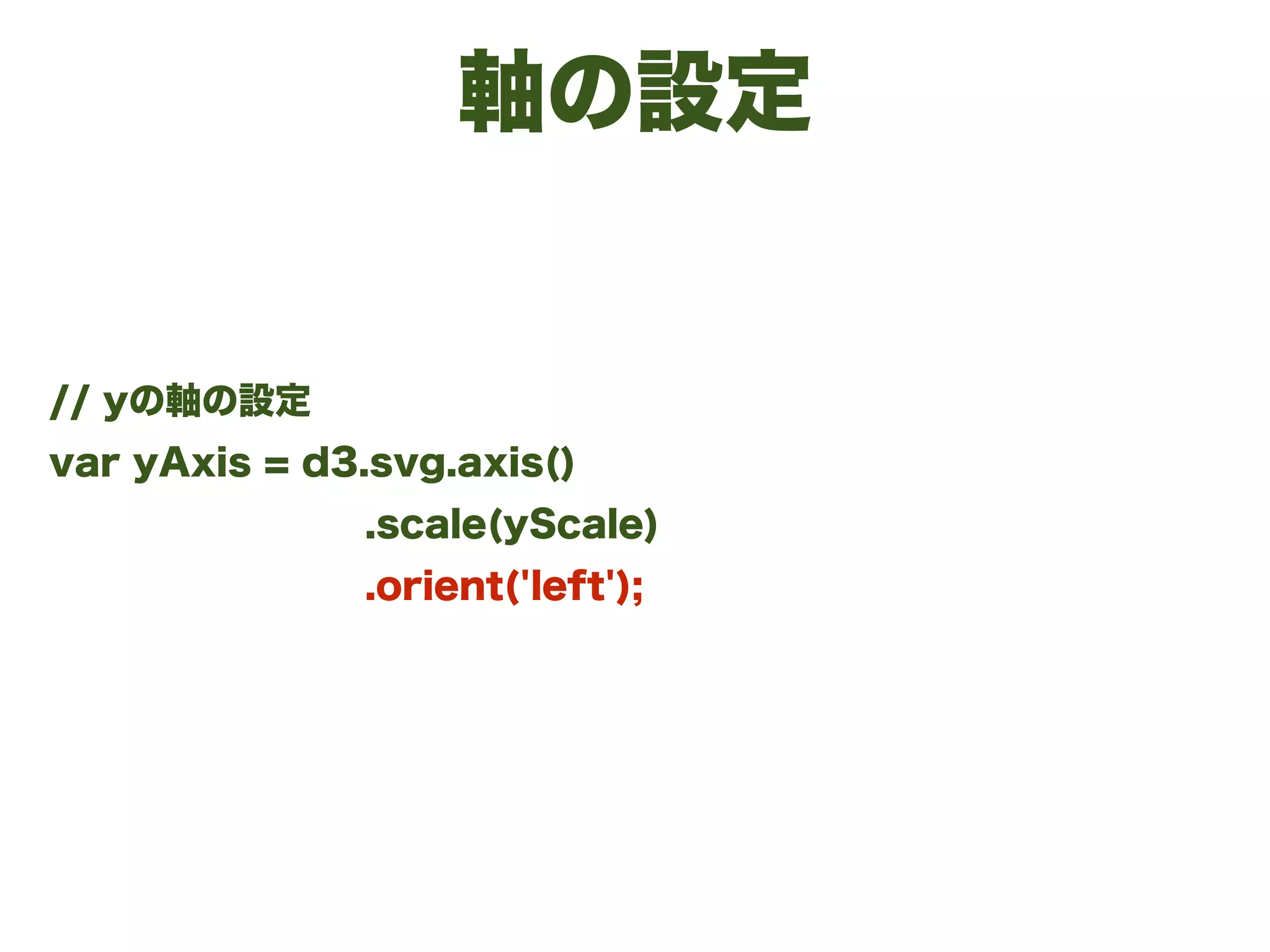 軸の設定
// yの軸の設定
var yAxis = d3.svg.axis()
.scale(yScale)
.orient('left');
 