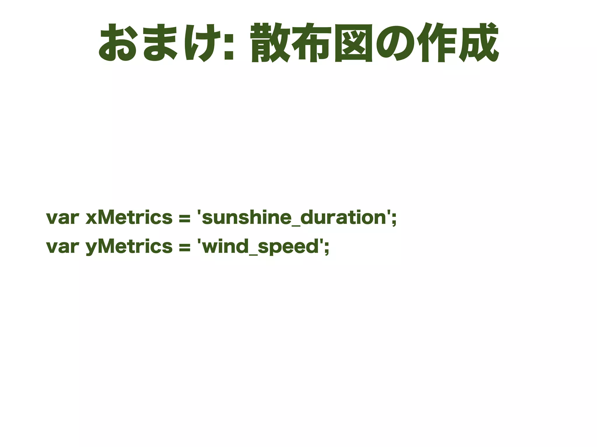 おまけ: 散布図の作成
var xMetrics = 'sunshine_duration';
var yMetrics = 'wind_speed';
 