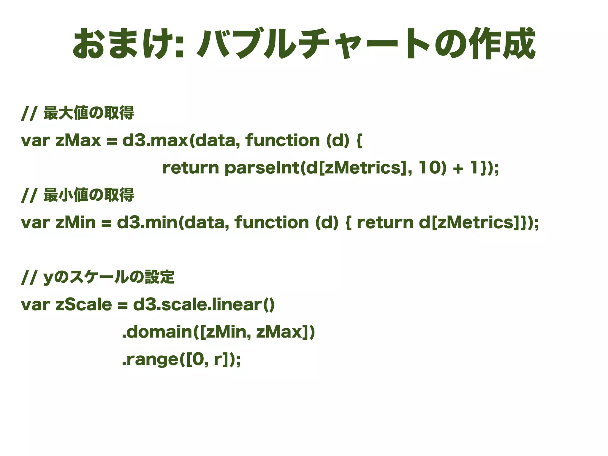 // 最大値の取得
var zMax = d3.max(data, function (d) {
return parseInt(d[zMetrics], 10) + 1});
// 最小値の取得
var zMin = d3.min(data, function (d) { return d[zMetrics]});
!
// yのスケールの設定
var zScale = d3.scale.linear()
.domain([zMin, zMax])
.range([0, r]);
おまけ: バブルチャートの作成
 