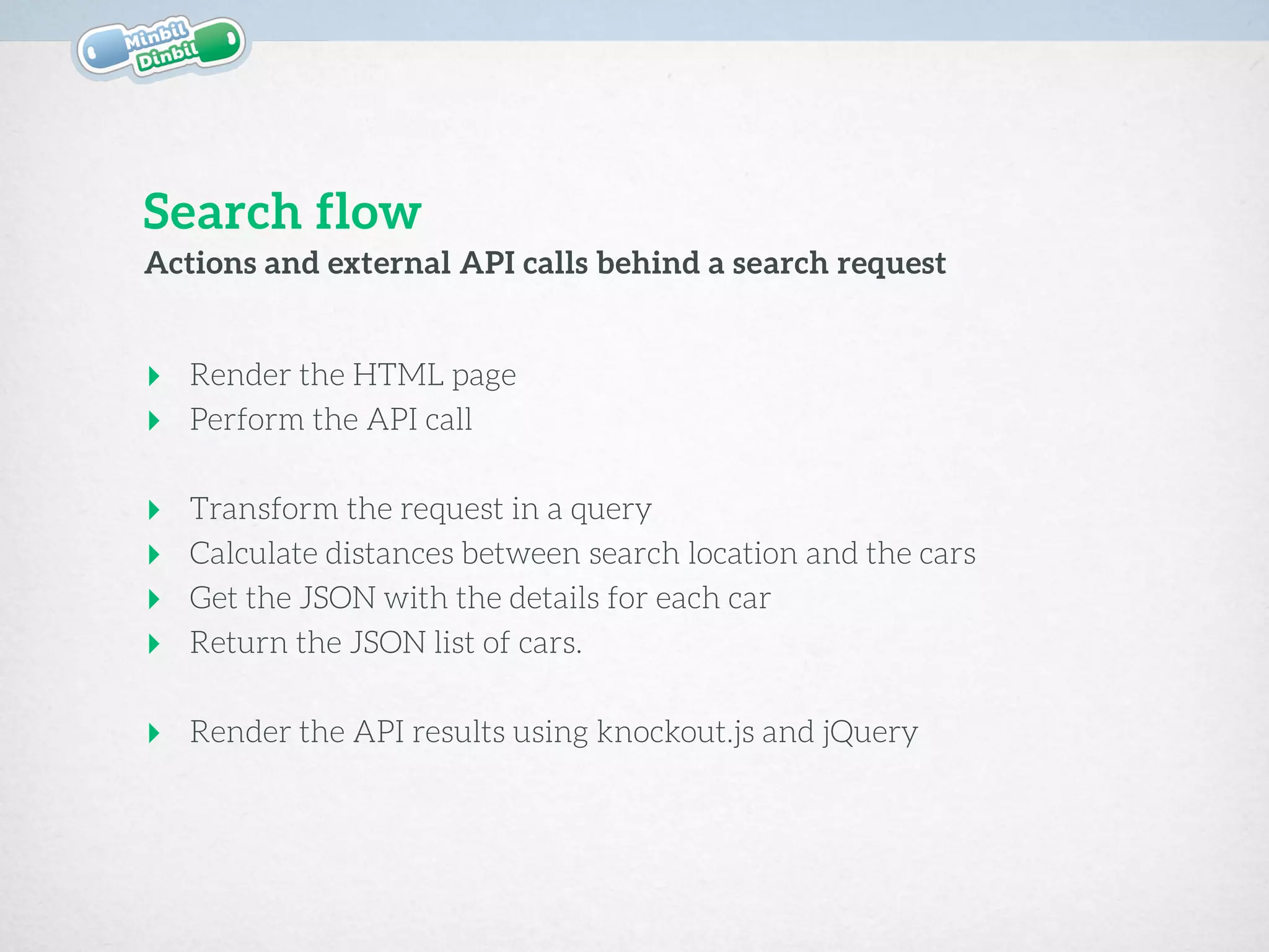 ‣ Render the HTML page
‣ Perform the API call 
‣ Transform the request in a query
‣ Calculate distances between search location and the cars
‣ Get the JSON with the details for each car
‣ Return the JSON list of cars.  
‣ Render the API results using knockout.js and jQuery
Actions and external API calls behind a search request
Search flow
 