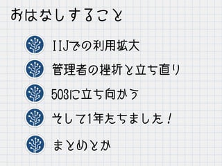 おはなしすること
IIJでの利用拡大
管理者の挫折と立ち直り
そして1年たちました！
503に立ち向かう
まとめとか
 