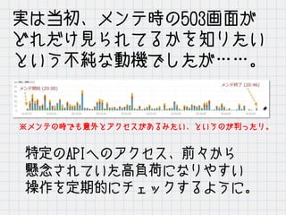 実は当初、メンテ時の503画面が
どれだけ見られてるかを知りたい
という不純な動機でしたが……。
※メンテの時でも意外とアクセスがあるみたい、というのが判ったり。
特定のAPIへのアクセス、前々から
懸念されていた高負荷になりやすい
操作を定期的にチェックするように。
 