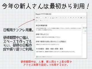 今年の新人さんは最初から利用！
日報用テンプレ用意。
研修期間中に個人
スペースを作っても
らい、研修の日報作
成や振り返りに利用。
研修期間中は、人事、新人同士＋上長の間で
アクセス制限を設定して利用するなど。
 