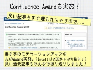Confluence Awardも実施！
良い記事もすぐ埋もれちゃうので..。
書き手のモチベーションアップの
ためAward実施。(IntelliJでDBからぶち抜き！）
良い過去記事もみんなで振り返りしました！
 