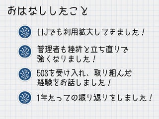 おはなししたこと
IIJでも利用拡大してきました！
管理者も挫折と立ち直りで
強くなりました！
1年たっての振り返りをしました！
503を受け入れ、取り組んだ
経験をお話しました！
 