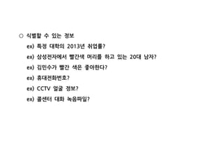 식별할 수 있는 정보○
특정 대학의 년 취업률ex) 2013 ?
삼성전자에서 빨간색 머리를 하고 있는 대 남자ex) 20 ?
김민수가 빨간 색은 좋아한다ex) ?
휴대전화번호ex) ?
얼굴 정보ex) CCTV ?
콜센터 대화 녹음파일ex) ?
 