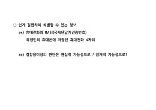 쉽게 결합하여 식별할 수 있는 정보○
휴대전화의 국제단말기인증번호ex) IMEI( )
특정인의 휴대폰에 저장된 휴대전화 자리4
결합용이성의 판단은 현실적 가능성으로 잠재적 가능성으로ex) / ?
 