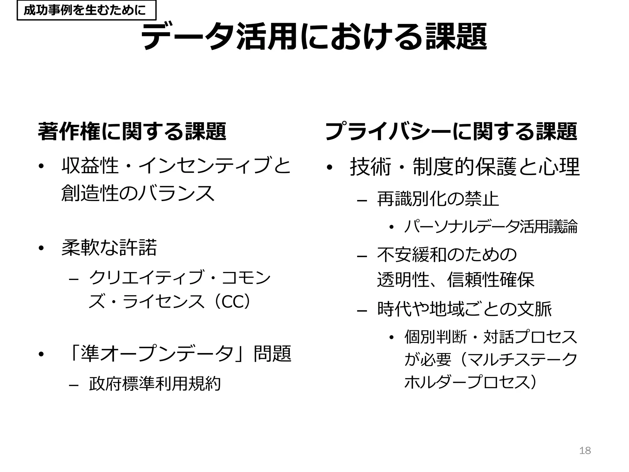 データ活用における課題
著作権に関する課題
• 収益性・インセンティブと
創造性のバランス
• 柔軟な許諾
– クリエイティブ・コモン
ズ・ライセンス（CC）
• 「準オープンデータ」問題
– 政府標準利用規約
プライバシーに関する課題
• 技術・制度的保護と心理
– 再識別化の禁止
• パーソナルデータ活用議論
– 不安緩和のための
透明性、信頼性確保
– 時代や地域ごとの文脈
• 個別判断・対話プロセス
が必要（マルチステーク
ホルダープロセス）
18
成功事例を生むために
 