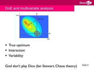 Slide	4	
§  True optimum
§  Interaction
§  Variability
God don’t play Dice (Ian Stewart, Chaos theory)
DoE and multivariate analysis
 