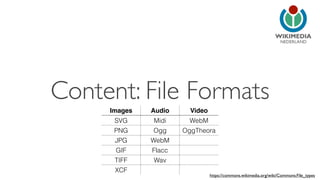NEDERLAND
Content: File Formats
https://commons.wikimedia.org/wiki/Commons:File_types
Images Audio Video
SVG Midi WebM
PNG Ogg OggTheora
JPG WebM
GIF Flacc
TIFF Wav
XCF
 