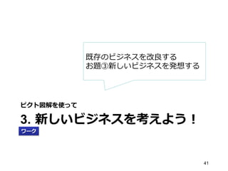 3.  新しいビジネスを考えよう！
ピクト図解を使って
41
ワーク
既存のビジネスを改良良する
お題③新しいビジネスを発想する
 