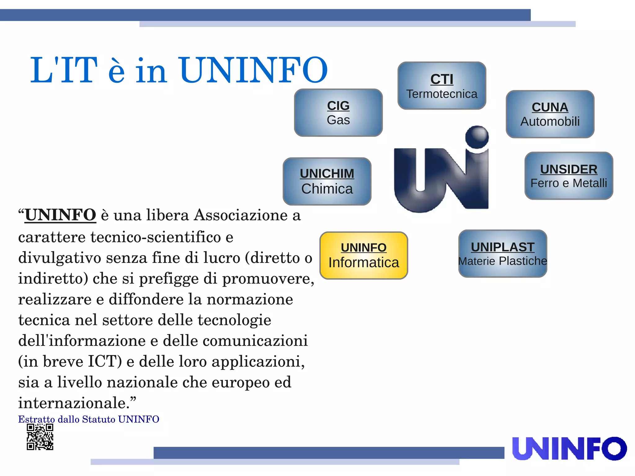L'IT è in UNINFO
“UNINFO è una libera Associazione a 
carattere tecnico­scientifico e 
divulgativo senza fine di lucro (diretto o 
indiretto) che si prefigge di promuovere, 
realizzare e diffondere la normazione 
tecnica nel settore delle tecnologie 
dell'informazione e delle comunicazioni 
(in breve ICT) e delle loro applicazioni, 
sia a livello nazionale che europeo ed 
internazionale.”
Estratto dallo Statuto UNINFO
UNICHIM
Chimica
CIG
Gas
UNINFO
Informatica
CTI
Termotecnica
UNSIDER
Ferro e Metalli
UNIPLAST
Materie Plastiche
CUNA
Automobili
 
