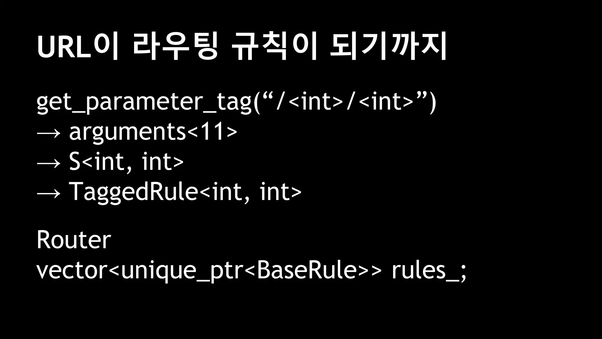 URL이 라우팅 규칙이 되기까지
get_parameter_tag(“/<int>/<int>”)
→ arguments<11>
→ S<int, int>
→ TaggedRule<int, int>
Router
vector<unique_ptr<BaseRule>> rules_;
 