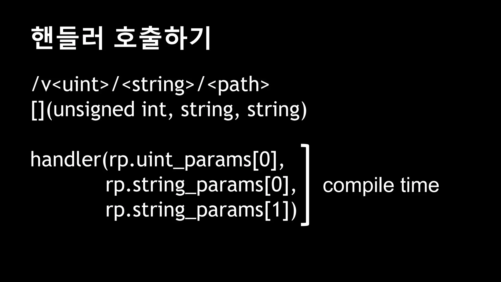 핸들러 호출하기
/v<uint>/<string>/<path>
[](unsigned int, string, string)
handler(rp.uint_params[0],
rp.string_params[0],
rp.string_params[1])
compile time
 