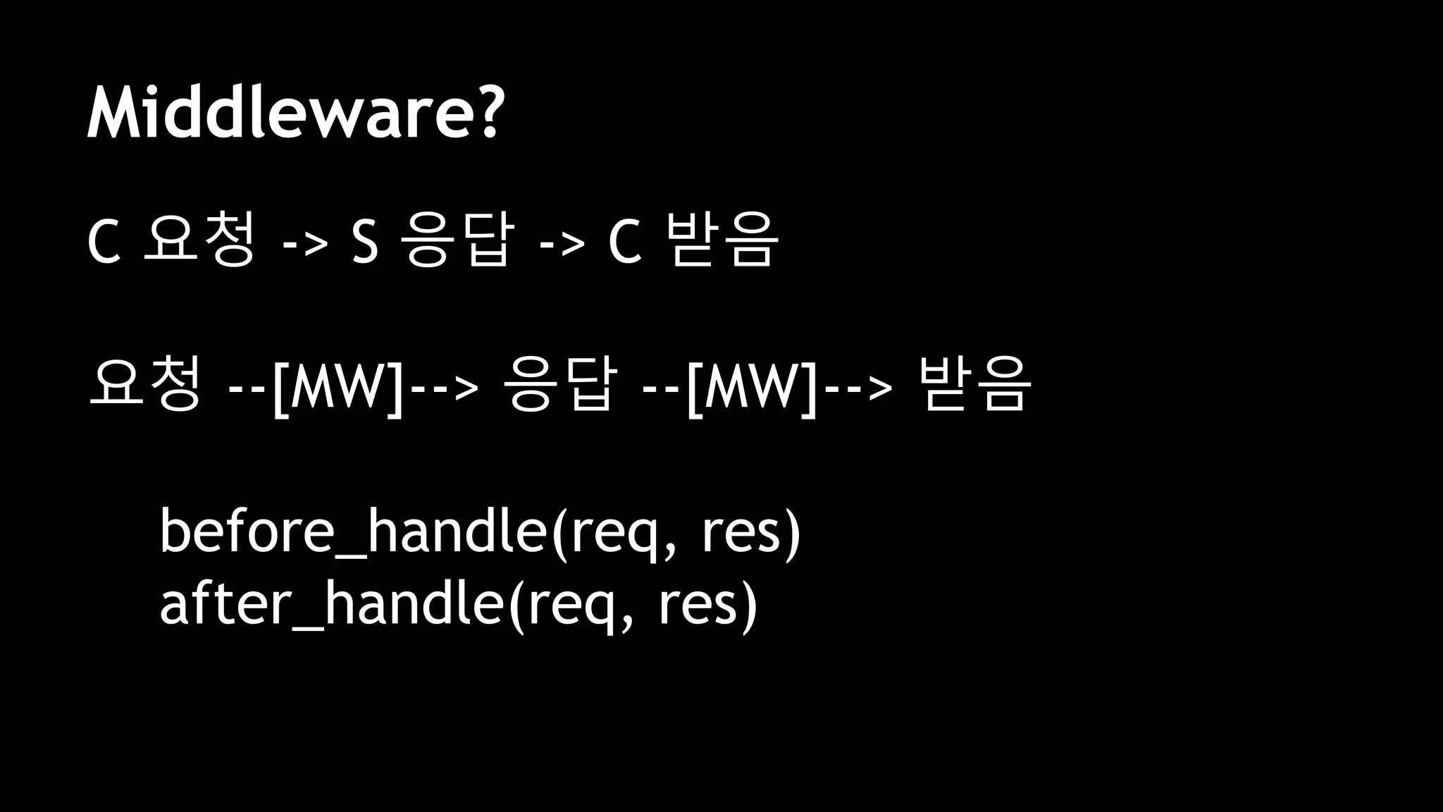 Middleware?
C 요청 -> S 응답 -> C 받음
요청 --[MW]--> 응답 --[MW]--> 받음
before_handle(req, res)
after_handle(req, res)
 