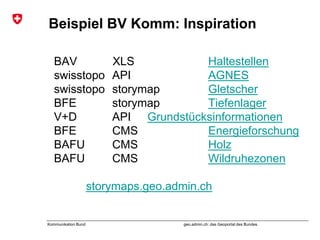 geo.admin.ch: das Geoportal des BundesKommunikation Bund
Beispiel BV Komm: Inspiration
BAV XLS Haltestellen
swisstopo API AGNES
swisstopo storymap Gletscher
BFE storymap Tiefenlager
V+D API Grundstücksinformationen
BFE CMS Energieforschung
BAFU CMS Holz
BAFU CMS Wildruhezonen
storymaps.geo.admin.ch
 