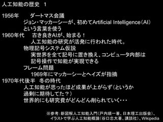 人工知能の歴史 １
1956年 ダートマス会議
ジョン・マッカーシーが、初めてArtificial Intelligence（AI）
という言葉を使う
1960年代 古き良きAIが、始まる！
人工知能の研究が活発に行われた時代。
物理記号システム仮説
実世界を全て記号に置き換え、コンピュータ内部は
記号操作で知能が実現できる
フレーム問題
1969年にマッカーシーとヘイズが指摘
1970年代後半 冬の時代
人工知能が思ったほど成果が上がらず（というか
過剰に期待してた？）
世界的にも研究費がどんどん削られていく・・・
※参考：新図解人工知能入門（戸内順一著、日本理工出版会）、
イラストで学ぶ人工知能概論（谷口忠大著、講談社）、Wikipedia
 
