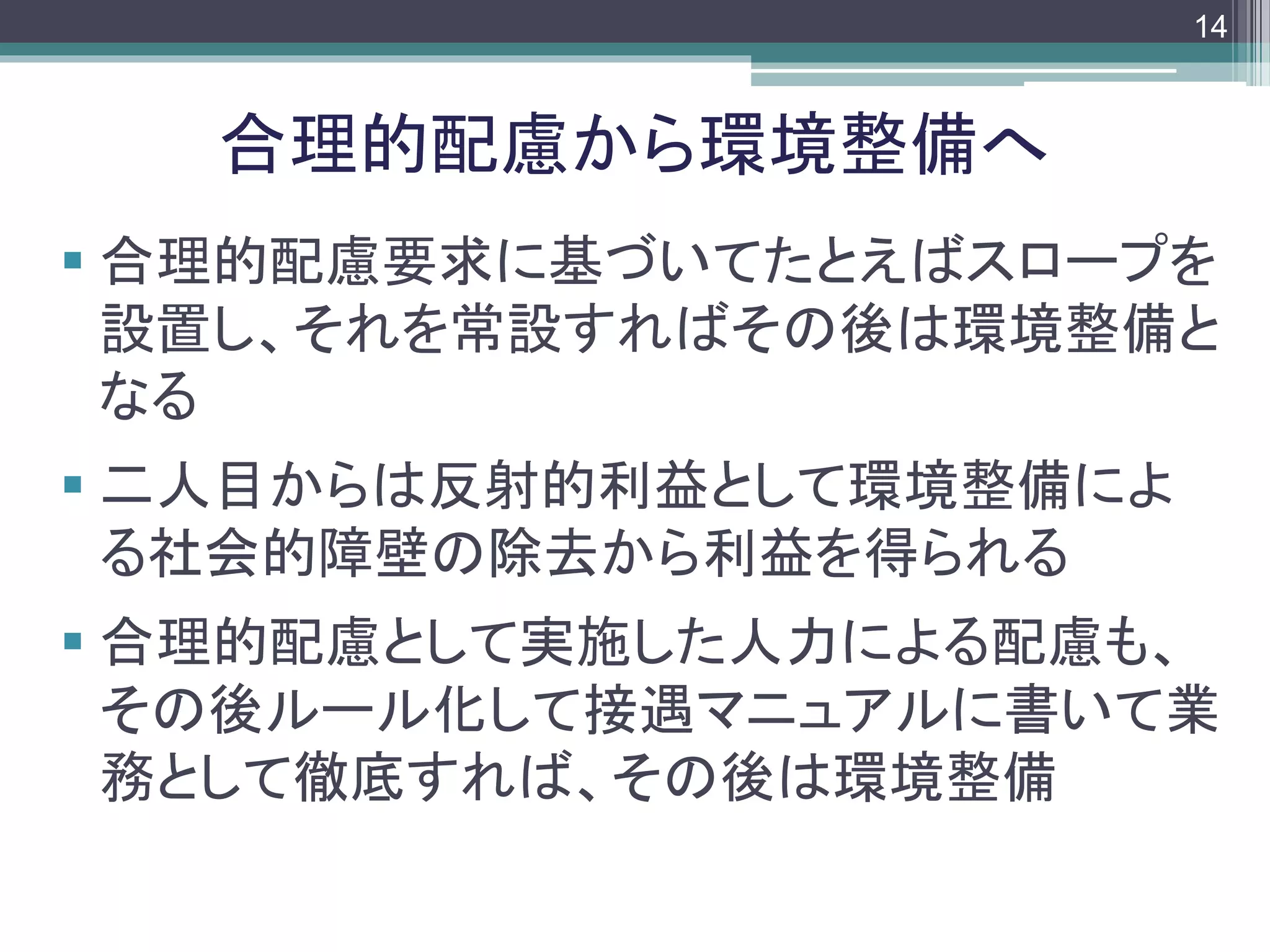 footer
 合理的配慮要求に基づいてたとえばスロープを
設置し、それを常設すればその後は環境整備と
なる
 二人目からは反射的利益として環境整備によ
る社会的障壁の除去から利益を得られる
 合理的配慮として実施した人力による配慮も、
その後ルール化して接遇マニュアルに書いて業
務として徹底すれば、その後は環境整備
合理的配慮から環境整備へ
14
 