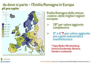 riservato e confidenziale febbraio 2015 | il posizionamento dell’ Emilia Romagna e le tendenze dei mercati | 9
da dove si parte – l’Emilia Romagna in Europa
pil pro capite
Emilia Romagna dello stesso
«colore» delle migliori regioni
europee:
 28° per valore aggiunto
complessivo
 9° e 6°* per valore aggiunto
pro capite industriale e
manifatturiero
dati Eurostat
* dopo Baden-Wurttemberg,
Austria Occidentale, Baviera,
Irlanda e Lombardia
 