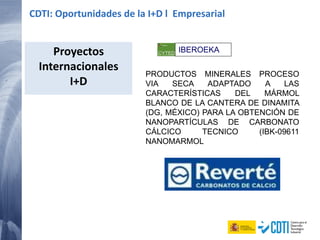 Proyectos
Internacionales
I+D
CDTI: Oportunidades de la I+D l Empresarial
PRODUCTOS MINERALES PROCESO
VIA SECA ADAPTADO A LAS
CARACTERÍSTICAS DEL MÁRMOL
BLANCO DE LA CANTERA DE DINAMITA
(DG, MÉXICO) PARA LA OBTENCIÓN DE
NANOPARTÍCULAS DE CARBONATO
CÁLCICO TECNICO (IBK-09611
NANOMARMOL
IBEROEKA
 