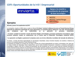 Apoyo a la creación y
consolidación de empresas
de base tecnológica
• NEOTEC
• NEOTEC Capital Riesgo
• INNVIERTE
CDTI: Oportunidades de la I+D l Empresarial
Ejemplos
Alicante, jueves 5 de septiembre de 2013
La compañía, creada en 2009, tiene su sede en Alicante“la Caixa” invierte 2 millones de euros en Forest Chemical Group,
fabricante de adhesivos industriales de nueva generación• La compañía fabrica adhesivos “hot melt” (termofusibles),
más ventajosos que los tradicionales en su aplicación en procesos industriales.
• “la Caixa” canaliza la inversión a través del fondo dirigido a tecnologías y procesos productivos innovadores, Caixa
Innvierte Industria, creado en colaboración con el Centro para el Desarrollo Tecnológico Industrial (CDTI).
• La operación va dirigida a posicionar la empresa como uno de los referentes mundiales del mercado de adhesivos.
”la Caixa”, a través del fondo especializado en tecnologías industriales, Caixa Innvierte Industria, ha invertido 2 millones de
euros en la compañía alicantina Forest Chemical Group.
La empresa ya contaba con el apoyo de “la Caixa” a través de su fondo especializado en invertir y acompañar a las “start ups”
en fases iniciales de desarrollo, Caixa Capital Micro, que le había facilitado financiación mediante un préstamo participativo
convertible a capital y del CDTI a través de financiación de dos proyectos de I+D. La nueva ronda de inversión permitirá a
Forest Chemical Group potenciar el crecimiento en el mercado nacional y preparar el lanzamiento internacional, con el objetivo
de posicionar la empresa como uno de los referentes mundiales del mercado de adhesivos. La compañía también cuenta con el
apoyo inversor del Institut Valencià de Finances (IVF).
 