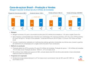 Vendas de Etanol (‘000 m³)Moagem de Cana-de-açúcar (MM t) Vendas de Açúcar (‘000 t)
Cana-de-açúcar Brasil – Produção e Vendas
Moagem recorde no Brasil de 20,2 milhões de toneladas
Vendas de Energia (‘000 MWh)
Moagem
4,9
4,2
3T
13/14
3T
14/15
-14,3% YoY
335 383
3T
13/14
3T
14/15
+14,3% YoY
132
195
3T
13/14
3T
14/15
+47,4% YoY
209
286
3T
13/14
3T
14/15
+36,5% YoY
6
Moagem
Moagem aumentou 3% para o acumulado da safra para 20,2 milhões de toneladas vs. -5% para a região Centro-Sul
Seca impactou a produtividade agro-industrial com rendimentos 13% menores para 82 vs. 94 t/ha, mas o ATR aumentou
6%, para 142 kg/t vs. 134 kg/t no ano passado. O total de ATR/ha em 2014/15 para 11,3 t/ha foi 10% menor em base
anual
Contudo, investimentos realizados em melhorias das práticas agrícolas introduzidas nos últimos anos, levaram a ganhos
de rendimento em comparação com a região Centro-Sul pelo 3º ano consecutivo
Melhoria na produção
Produção global (em ATR) aumentou 5% para 2,6 milhões de toneladas. Produção de açúcar : 1,45 milhões de toneladas,
-4% em base anual; Produção de etanol : 645k m³, +21% em base anual
Mix continua mais voltado para açúcar em 58%, contudo abaixo dos 63% da última safra devido à maior atratividade
relativa do etanol em base anual
Progresso em cogeração
Vendas de energia própria dobraram no 3T em base anual e aumentaram mais de 50% para 851 GWh no
acumulado do ano
 