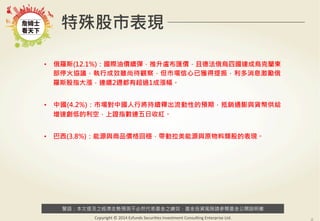 警語：本文提及之經濟走勢預測不必然代表基金之績效，基金投資風險請參閱基金公開說明書
Copyright	
  ©	
  2014	
  Ezfunds	
  Securi:es	
  Investment	
  Consul:ng	
  Enterprise	
  Ltd.
特殊股市表現
•  俄羅斯(12.1%)：國際油價續彈，推升盧布匯價，且德法俄烏四國達成烏克蘭東
部停火協議，執行成效雖尚待觀察，但市場信心已獲得提振，利多消息激勵俄
羅斯股指大漲，連續2週都有超過1成漲幅。
•  中國(4.2%)：市場對中國人行將持續釋出流動性的預期，抵銷通膨與貨幣供給
增速創低的利空，上證指數連五日收紅。
•  巴西(3.8%)：能源與商品價格回穩，帶動拉美能源與原物料類股的表現。
 