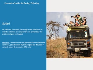 Safari
Le safari est un moyen très ludique afin d’observer le
monde extérieur et comprendre en profondeur les
problématiques envisagées
Exemple d’outils de Design Thinking
Observer : concevoir une vue générale d’un maximum de
solutions, possiblement déjà envisagées par d’autres, y
compris issues de contextes différents.
 