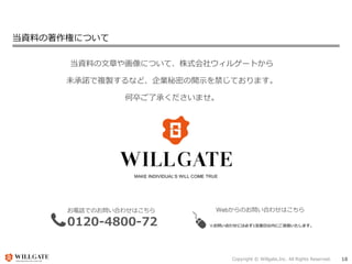 Copyright © Willgate,Inc. All Rights Reserved. 18
当資料の文章や画像について、株式会社ウィルゲートから
未承諾で複製するなど、企業秘密の開示を禁じております。
何卒ご了承くださいませ。
お電話でのお問い合わせはこちら
0120-4800-72
Webからのお問い合わせはこちら
https://www.willgate.co.jp/contact/
※お問い合わせには必ず1営業日以内にご返信いたします。
当資料の著作権について
 