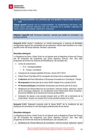Regidoria de Dona i Drets Civils
14
Pla per a la igualtat d’oportunitats real i efectiva entre dones i homes (2012-2015)
Informe d’avaluació sobre els resultats obtinguts en l’àmbit de l’ocupació femenina
Eix 2.. Coresponsabilitat com premissa per una igualtat d’oportunitats efectiva i
real.
Objectiu general: Garantir que la coresponsabilitat i la reorganització del temps i els
treballs siguin totalment assumits com una necessitat de la societat, mitjançant el
treball conjunt amb entitats, institucions i empreses.
Objectiu específic 2.2: Promoure mesures i serveis que facilitin la conciliació i la
coresponsabilitat.
Actuació 2.2.4: Suport i incidència, en l’àmbit empresarial, a mesures de flexibilitat
configurades segons les necessitats de les persones i difusió dels beneficis d’un millor
equilibri entre els temps laborals, familiars i personals.
Resultats obtinguts:
La Regidoria de Dona i Drets Civils ha col·laborat amb la Regidoria d’Usos del Temps
per tal d’impulsar els programes que tenen objectius comuns, Així, dins dels
programes de foment de mesures de flexibilització, els resultats són:
• Línies de subvencions
o F/ b - Coresponsabilitat
o R – Temps i conciliació
• Campanya de coresponsabilitat d’homes i dones 2011-2012
• Edició Premi 8 de Març 2012 a projectes de foment de la coresponsabilitat
• 3 edicions del Premi Barcelona a l'Empresa Innovadora en Conciliació i Temps.
• 90 empreses formant part de la xarxa NUST (dades fins a octubre 2014)
• 41 bones pràctiques transferides d’empreses que formen part de la xarxa
• Realització de l’Estudi Mesures de conciliació i reforma horària. Aplicació i opinió
de les empreses catalanes, en col·laboració amb l’Observatori Dona, Empresa i
Economia (ODEE) de la Cambra de Comerç de Barcelona.
• Ampliació de places a les escoles bressol amb un 85% de la demanda de la
ciutat atesa i impuls a la creació de 8 noves escoles bressol a la ciutat
Actuació 2.2.5: Valoració conjunta amb la Xarxa NUST de la incidència de les
polítiques de conciliació en els recorreguts professionals de les dones.
Resultats obtinguts:
La Regidoria de Dona i Drets Civils ha col·laborat amb la Regidoria d’Usos del Temps
per tal d’impulsar els programes que tenen objectius comuns, Així, dins dels
programes de foment de mesures de flexibilització, els resultats són:
• Realització de l’Estudi Mesures de conciliació i reforma horària. Aplicació i opinió
 