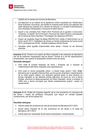 Regidoria de Dona i Drets Civils
17
Pla per a la igualtat d’oportunitats real i efectiva entre dones i homes (2012-2015)
Informe d’avaluació sobre els resultats obtinguts en l’àmbit de l’ocupació femenina
(ODEE) de la Cambra de Comerç de Barcelona.
• Col·laboració en la creació de la plataforma online impulsada per l’Observatori
Dona Empresa i Economia, que facilita el contacte entre dones que disposen del
perfil adequat per postular-se a càrrecs de direcció o a consells d’administració,
amb empreses interessades a incorporar el talent femení.
• Suport a les Jornades Fem Talent 2013 Promoció de la igualtat a l’economia,
l’empresa i el treball i 2014 Formació i Promoció del Talent Femení, promogudes
per la Xarxa de Parcs Científics i Tecnològics de Catalunya (XPCAT).
• Suport als projectes Espai de diàleg DDIPAS-Fent visible el talent femení en el
tercer sector 2013 i Visibilitzem les dones en l'àmbit professional de l'acció social
2014, promoguts per ECAS - Entitats Catalanes d'Acció Social.
• Xerrades sobre igualtat d’oportunitats entre dones i homes en els diversos
districtes
Actuació 4.1.2: Foment a la creació de Plans d’Igualtat a les empreses de Barcelona
per tal de potenciar l’equiparació real de dones i homes al si de les organitzacions
empresarials i així superar el desequilibri existent entre els sexes.
Resultats obtinguts:
• S’ha creat el Consell Assessor de Dona i Empresa per a impulsar la
implementació dels Plans d’Igualtat a les organitzacions.
• S’ha creat un recurs accessible online i a través d’app, gratuït i fàcil, Bid@,
Barcelona per la Igualtat d’Oportunitats, per tal que les empreses i organitzacions
de la ciutat puguin obtenir una avaluació general sobre la seva situació en
termes d’igualtat, en els diferents àmbits rellevants. El recurs té, com a última
finalitat, promoure el desenvolupament de Plans d’Igualtat i donar a conèixer el
CIRD com a servei municipal que ofereix assessorament gratuït i expert en
aquest àmbit.
Actuació 4.1.3: Anàlisi de l’impacte específic de la crisi econòmica en l’ocupació de
les dones i impuls de polítiques d’ocupació que tinguin en compte aquests
condicionants, per tal de superar‐los.
Resultats obtinguts:
• Informe sobre les condicions de vida de les dones de Barcelona 2011-2014
• Estudi sobre l’impacte de la crisi econòmica en les dones a la ciutat de
Barcelona, 2011-2014
• Estudi sobre les necessitats de les dones empresàries i emprenedores
 