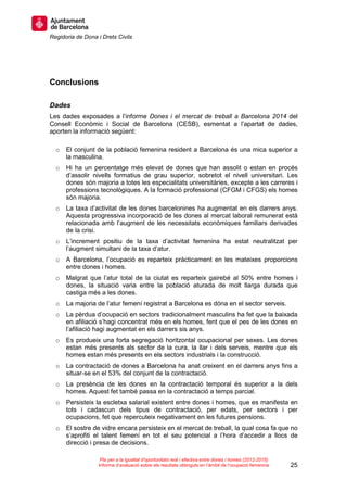 Regidoria de Dona i Drets Civils
25
Pla per a la igualtat d’oportunitats real i efectiva entre dones i homes (2012-2015)
Informe d’avaluació sobre els resultats obtinguts en l’àmbit de l’ocupació femenina
Conclusions
Dades
Les dades exposades a l’informe Dones i el mercat de treball a Barcelona 2014 del
Consell Econòmic i Social de Barcelona (CESB), esmentat a l’apartat de dades,
aporten la informació següent:
o El conjunt de la població femenina resident a Barcelona és una mica superior a
la masculina.
o Hi ha un percentatge més elevat de dones que han assolit o estan en procés
d’assolir nivells formatius de grau superior, sobretot el nivell universitari. Les
dones són majoria a totes les especialitats universitàries, excepte a les carreres i
professions tecnològiques. A la formació professional (CFGM i CFGS) els homes
són majoria.
o La taxa d’activitat de les dones barcelonines ha augmentat en els darrers anys.
Aquesta progressiva incorporació de les dones al mercat laboral remunerat està
relacionada amb l’augment de les necessitats econòmiques familiars derivades
de la crisi.
o L’increment positiu de la taxa d’activitat femenina ha estat neutralitzat per
l’augment simultani de la taxa d’atur.
o A Barcelona, l’ocupació es reparteix pràcticament en les mateixes proporcions
entre dones i homes.
o Malgrat que l’atur total de la ciutat es reparteix gairebé al 50% entre homes i
dones, la situació varia entre la població aturada de molt llarga durada que
castiga més a les dones.
o La majoria de l’atur femení registrat a Barcelona es dóna en el sector serveis.
o La pèrdua d’ocupació en sectors tradicionalment masculins ha fet que la baixada
en afiliació s’hagi concentrat més en els homes, fent que el pes de les dones en
l’afiliació hagi augmentat en els darrers sis anys.
o Es produeix una forta segregació horitzontal ocupacional per sexes. Les dones
estan més presents als sector de la cura, la llar i dels serveis, mentre que els
homes estan més presents en els sectors industrials i la construcció.
o La contractació de dones a Barcelona ha anat creixent en el darrers anys fins a
situar-se en el 53% del conjunt de la contractació.
o La presència de les dones en la contractació temporal és superior a la dels
homes. Aquest fet també passa en la contractació a temps parcial.
o Persisteix la escletxa salarial existent entre dones i homes, que es manifesta en
tots i cadascun dels tipus de contractació, per edats, per sectors i per
ocupacions, fet que repercuteix negativament en les futures pensions.
o El sostre de vidre encara persisteix en el mercat de treball, la qual cosa fa que no
s’aprofiti el talent femení en tot el seu potencial a l’hora d’accedir a llocs de
direcció i presa de decisions.
 