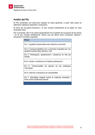 Regidoria de Dona i Drets Civils
8
Pla per a la igualtat d’oportunitats real i efectiva entre dones i homes (2012-2015)
Informe d’avaluació sobre els resultats obtinguts en l’àmbit de l’ocupació femenina
Anàlisi del Pla
El Pla contempla una estructura basada en eixos generals, a partir dels quals es
defineixen objectius específics i actuacions.
El tema de l’ocupació femenina i el seu context professional es fa palès en varis
d’aquests eixos.
Per una banda, l’Eix 4 se centra especialment en la qüestió de l’ocupació de les dones
i en el seu context professional, alhora que els altres eixos incorporen objectiu i
actuacions vinculats a aquesta
Eixos
Eix 1. Igualtat d’oportunitats real i efectiva i promoció
Eix 2. Coresponsabilitat com a premissa d’igualtat per una
igualtat d’oportunitats efectiva i real
Eix 3. Participació, apoderament i presència en tots els
àmbits
Eix 4. Accés i condicions en l’esfera professional
Eix 5. Transversalitat de gènere en les polítiques
municipals
Eix 6. Atenció a situacions de vulnerabilitat
Eix 7. Abordatge integral contra la violència masclista i
lluita contra l’exploració sexual
 